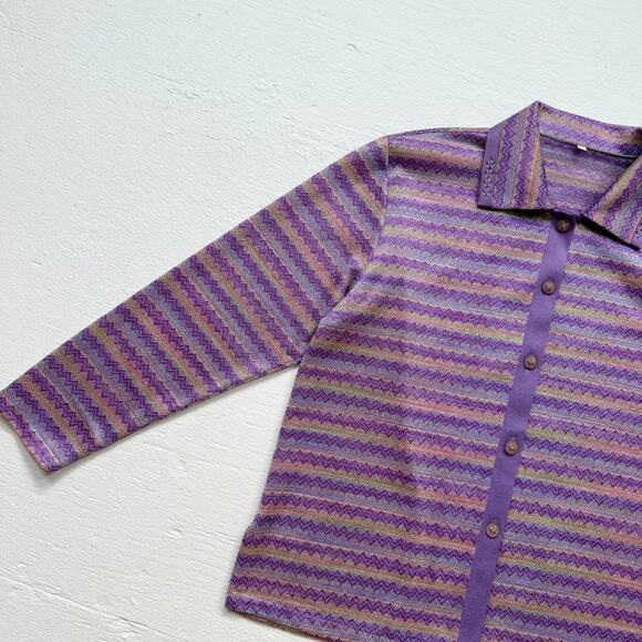 Purple Zigzag Metallic Stripe Knit Button Up Rhinestone Collar, Size XL - Picture 2 of 8